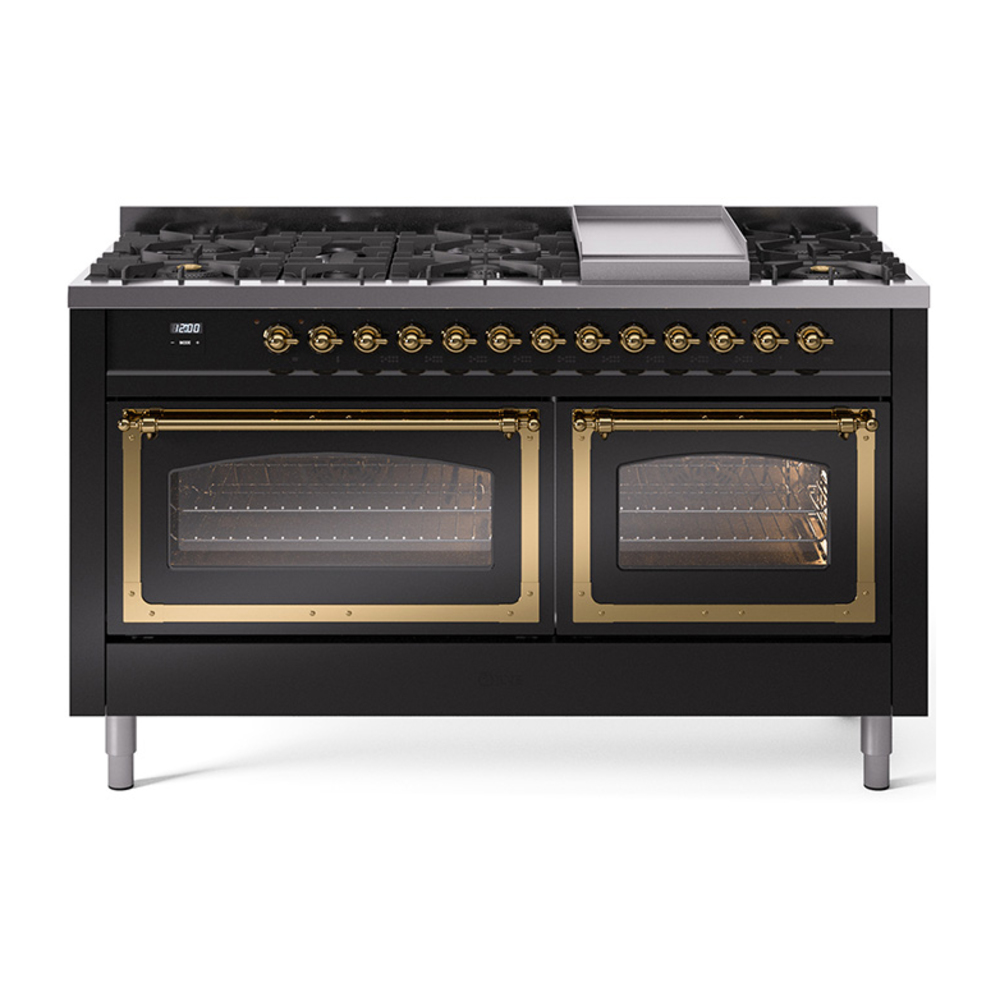 ILVE UN60FNMPBKG Nostalgie II Noblesse 60" Dual Fuel Range      (9 Sealed Burners + Griddle, Natural Gas, Triple Glass Door, Glossy Black, Brass)