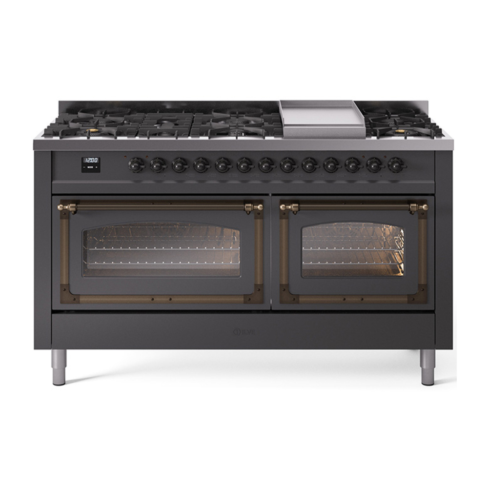 ILVE UN60FNMPMGBLP Nostalgie II Noblesse 60" Dual Fuel Range      (9 Sealed Burners + Griddle, Liquid Propane, Triple Glass Door, Graphite Matte, Burnished)