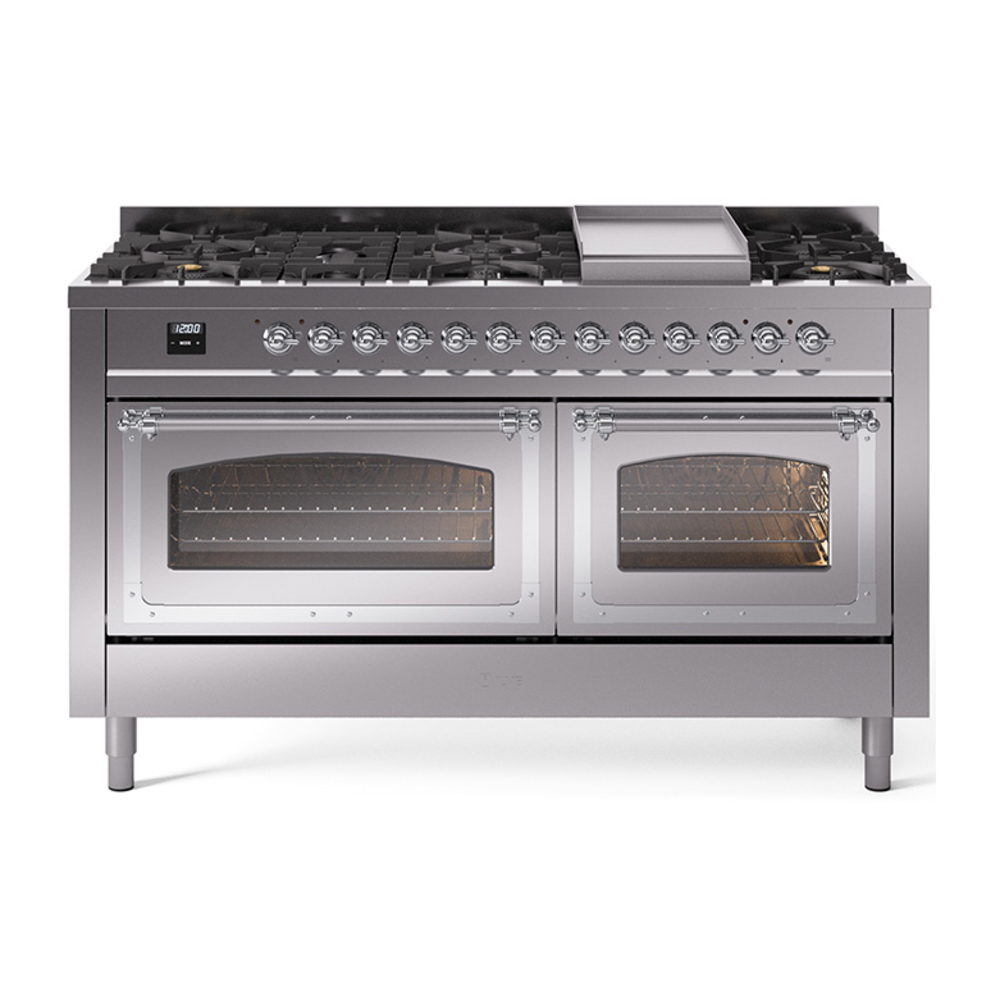 ILVE UN60FNMPSSCLP Nostalgie II Noblesse 60" Dual Fuel Range      (9 Sealed Burners + Griddle, Liquid Propane, Triple Glass Door, Stainless Steel, Chrome)