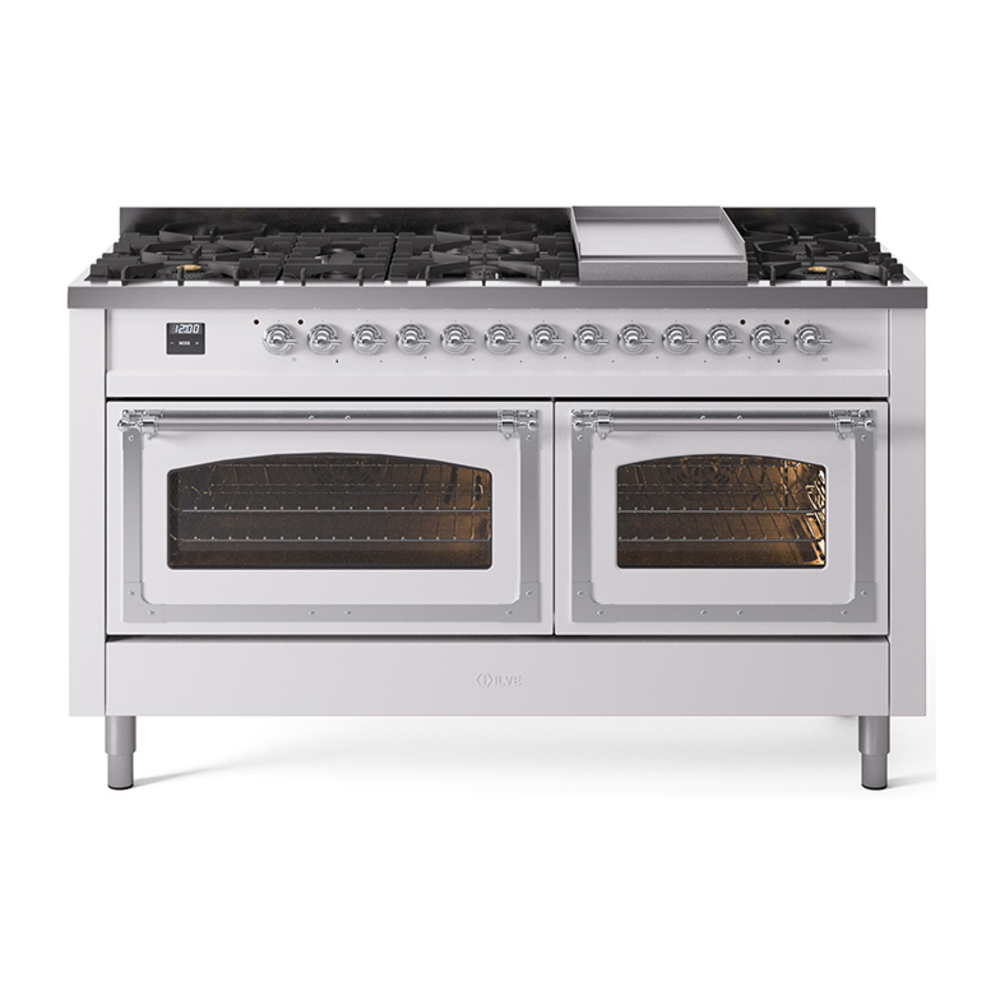 ILVE UN60FNMPWHCLP Nostalgie II Noblesse 60" Dual Fuel Range      (9 Sealed Burners + Griddle, Liquid Propane, Triple Glass Door, White, Chrome)