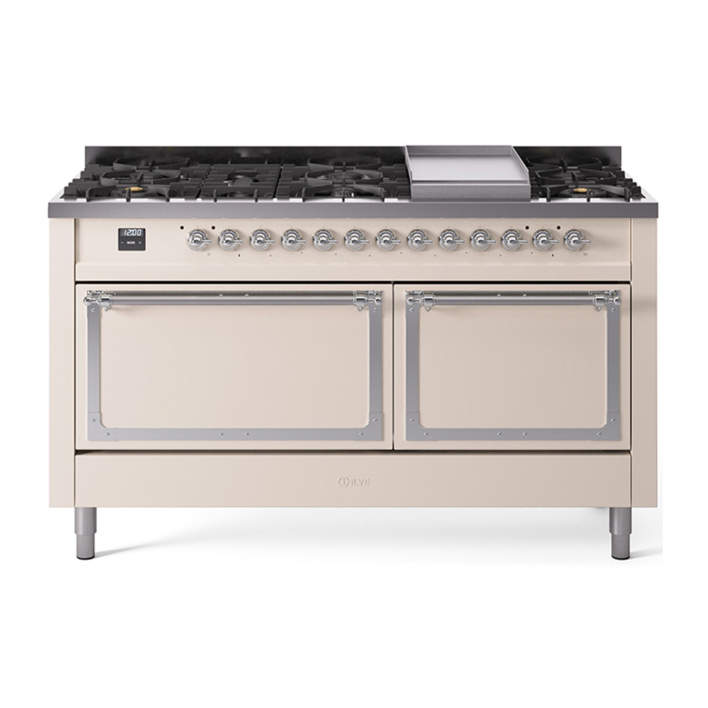 ILVE UN60FQNMPAWCLP Nostalgie II Noblesse 60" Dual Fuel Range      (9 Sealed Burners + Griddle, Liquid Propane, Solid Door, Antique White, Chrome)