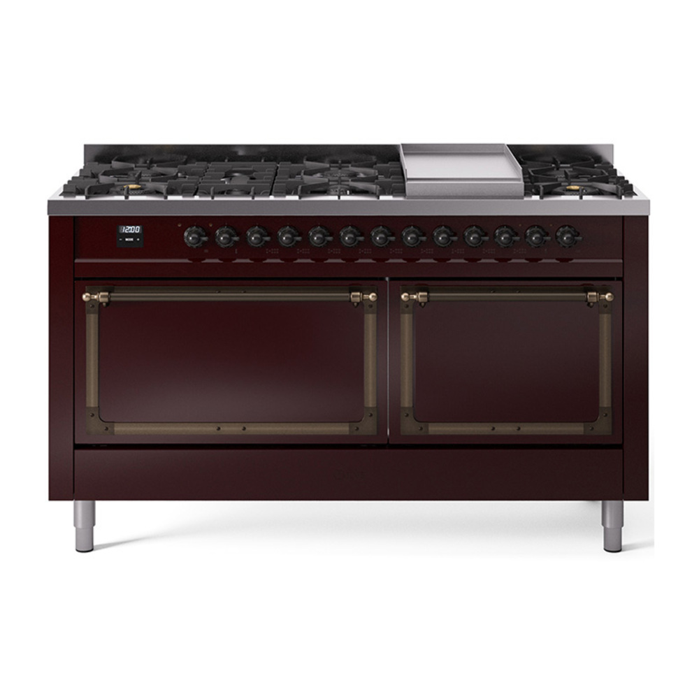 ILVE UN60FQNMPBUB Nostalgie II Noblesse 60" Dual Fuel Range      (9 Sealed Burners + Griddle, Natural Gas, Solid Door, Burgundy, Burnished)