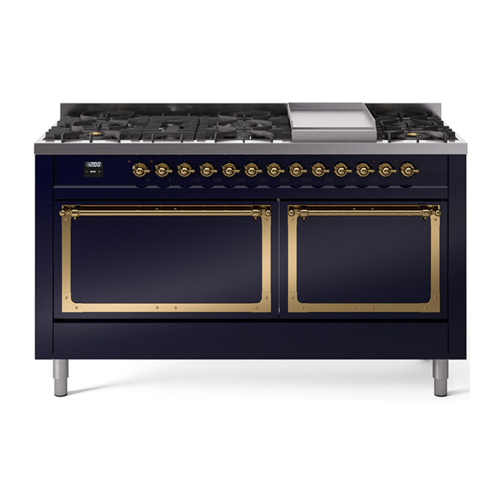 ILVE UN60FQNMPMBGLP Nostalgie II Noblesse 60" Dual Fuel Range      (9 Sealed Burners + Griddle, Liquid Propane, Solid Door, Midnight Blue, Brass)