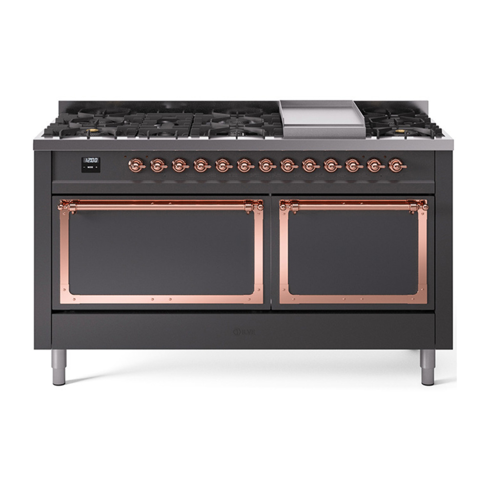 ILVE UN60FQNMPMGPLP Nostalgie II Noblesse 60" Dual Fuel Range      (9 Sealed Burners + Griddle, Liquid Propane, Solid Door, Graphite Matte, Copper)