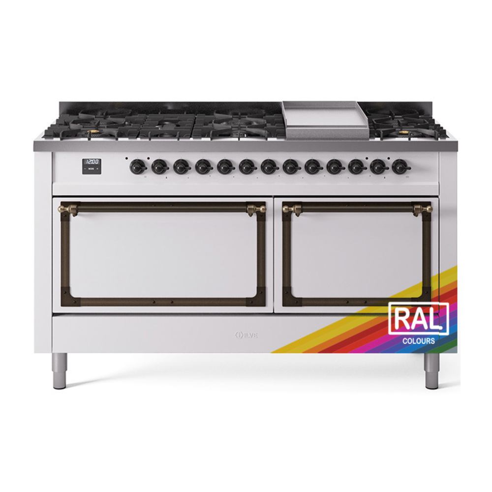 ILVE UN60FQNMPRABLP Nostalgie II Noblesse 60" Dual Fuel Range      (9 Sealed Burners + Griddle, Liquid Propane, Solid Door, RAL, Burnished)