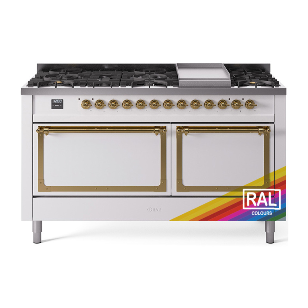 ILVE UN60FQNMPRAGLP Nostalgie II Noblesse 60" Dual Fuel Range      (9 Sealed Burners + Griddle, Liquid Propane, Solid Door, RAL, Brass)