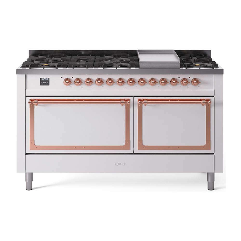 ILVE UN60FQNMPWHPLP Nostalgie II Noblesse 60" Dual Fuel Range      (9 Sealed Burners + Griddle, Liquid Propane, Solid Door, White, Copper)