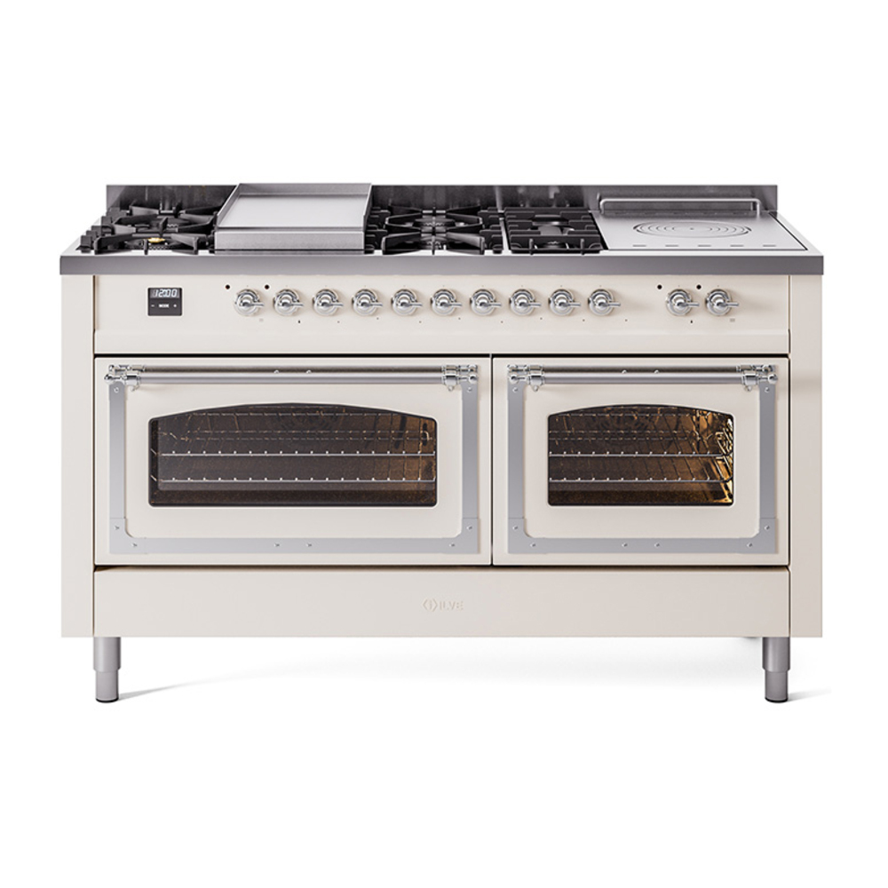 ILVE UN60FSNMPAWCLP Nostalgie II Noblesse 60" Dual Fuel Range      (7 Sealed Burners + Griddle + French Top, Liquid Propane, Triple Glass Door, Antique White, Chrome)