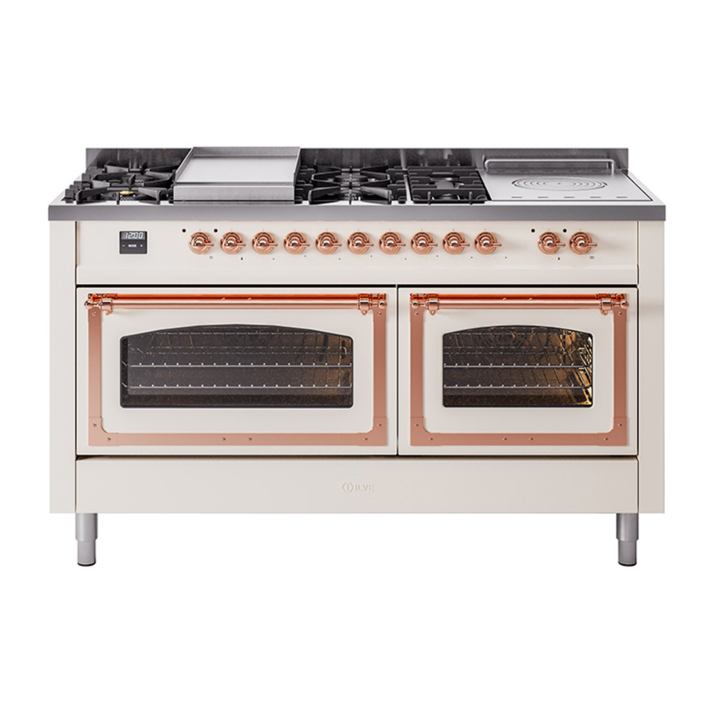 ILVE UN60FSNMPAWPLP Nostalgie II Noblesse 60" Dual Fuel Range      (7 Sealed Burners + Griddle + French Top, Liquid Propane, Triple Glass Door, Antique White, Copper)