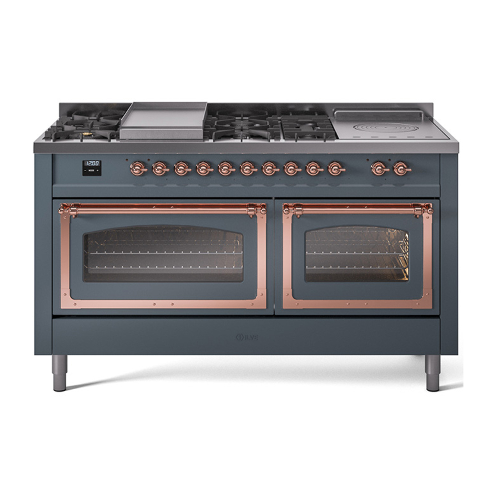 ILVE UN60FSNMPBGPLP Nostalgie II Noblesse 60" Dual Fuel Range      (7 Sealed Burners + Griddle + French Top, Liquid Propane, Triple Glass Door, Blue Grey, Copper)