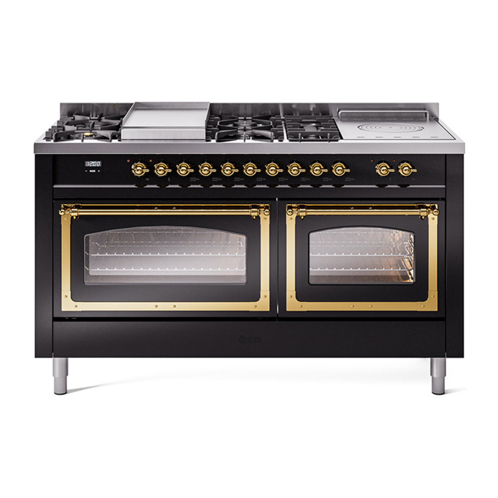 ILVE UN60FSNMPBKGLP Nostalgie II Noblesse 60" Dual Fuel Range      (7 Sealed Burners + Griddle + French Top, Liquid Propane, Triple Glass Door, Glossy Black, Brass)