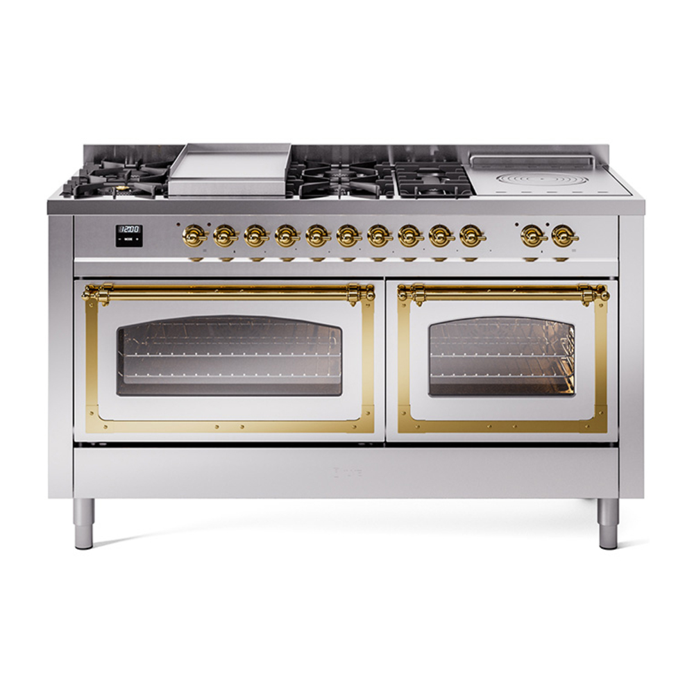 ILVE UN60FSNMPSSGLP Nostalgie II Noblesse 60" Dual Fuel Range      (7 Sealed Burners + Griddle + French Top, Liquid Propane, Triple Glass Door, Stainless Steel, Brass)