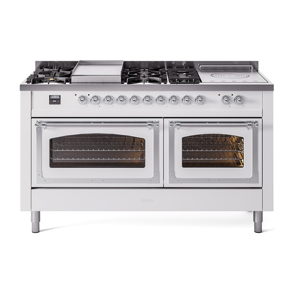 ILVE UN60FSNMPWHCLP Nostalgie II Noblesse 60" Dual Fuel Range      (7 Sealed Burners + Griddle + French Top, Liquid Propane, Triple Glass Door, White, Chrome)