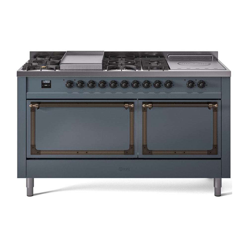 ILVE UN60FSQNMPBGBLP Nostalgie II Noblesse 60" Dual Fuel Range      (7 Sealed Burners + Griddle + French Top, Liquid Propane, Solid Door, Blue Grey, Burnished)