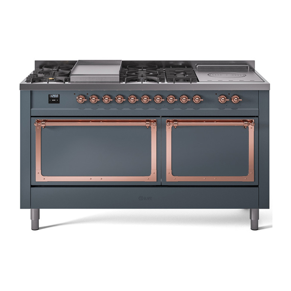 ILVE UN60FSQNMPBGPLP Nostalgie II Noblesse 60" Dual Fuel Range      (7 Sealed Burners + Griddle + French Top, Liquid Propane, Solid Door, Blue Grey, Copper)