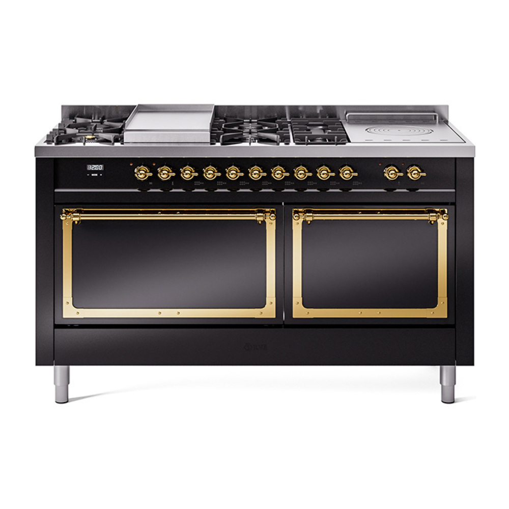 ILVE UN60FSQNMPBKGLP Nostalgie II Noblesse 60" Dual Fuel Range      (7 Sealed Burners + Griddle + French Top, Liquid Propane, Solid Door, Glossy Black, Brass)