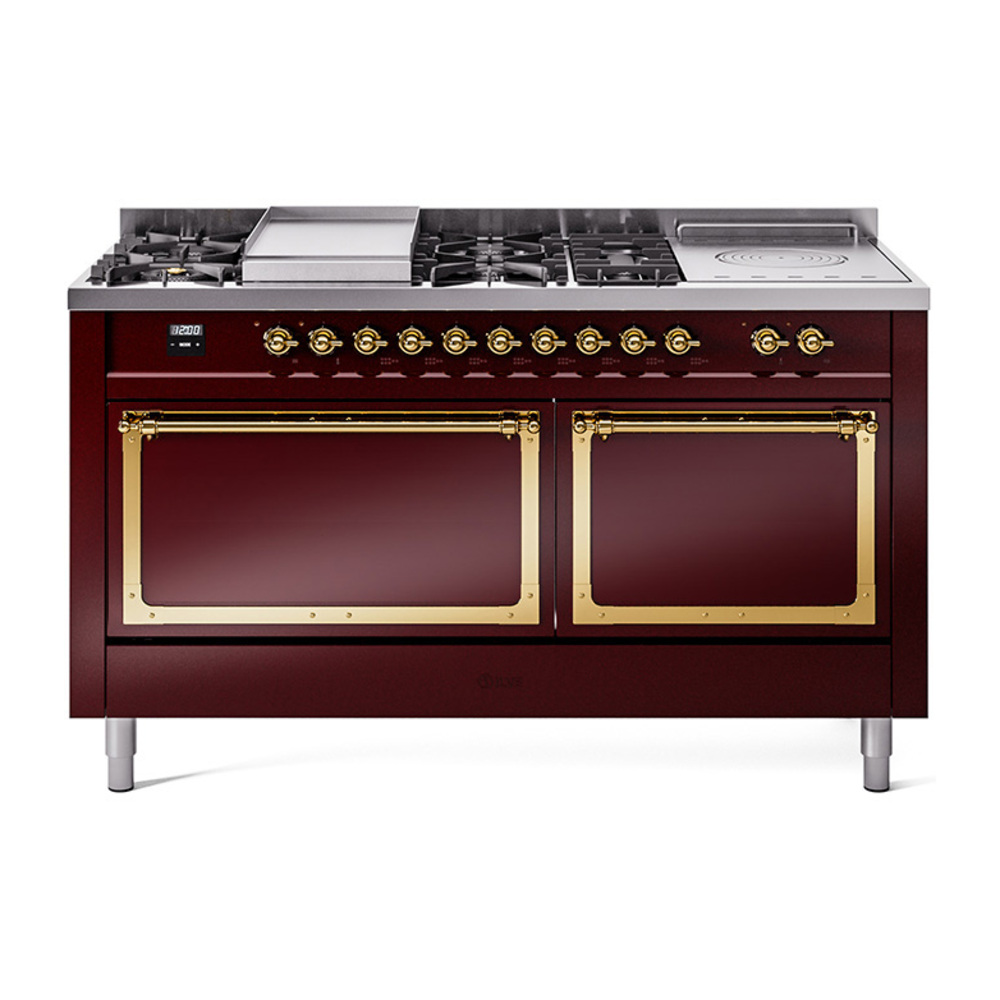 ILVE UN60FSQNMPBUGLP Nostalgie II Noblesse 60" Dual Fuel Range      (7 Sealed Burners + Griddle + French Top, Liquid Propane, Solid Door, Burgundy, Brass)