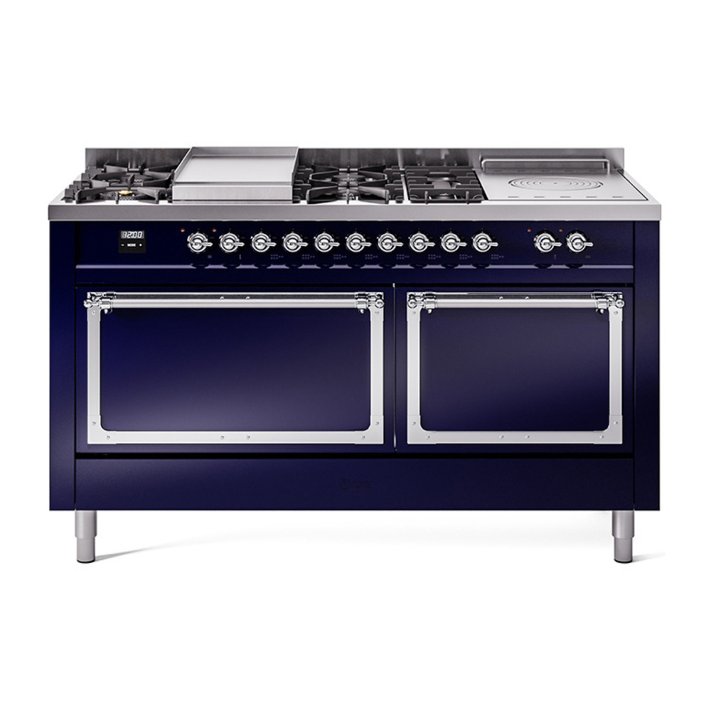 ILVE UN60FSQNMPMBCLP Nostalgie II Noblesse 60" Dual Fuel Range      (7 Sealed Burners + Griddle + French Top, Liquid Propane, Solid Door, Midnight Blue, Chrome)