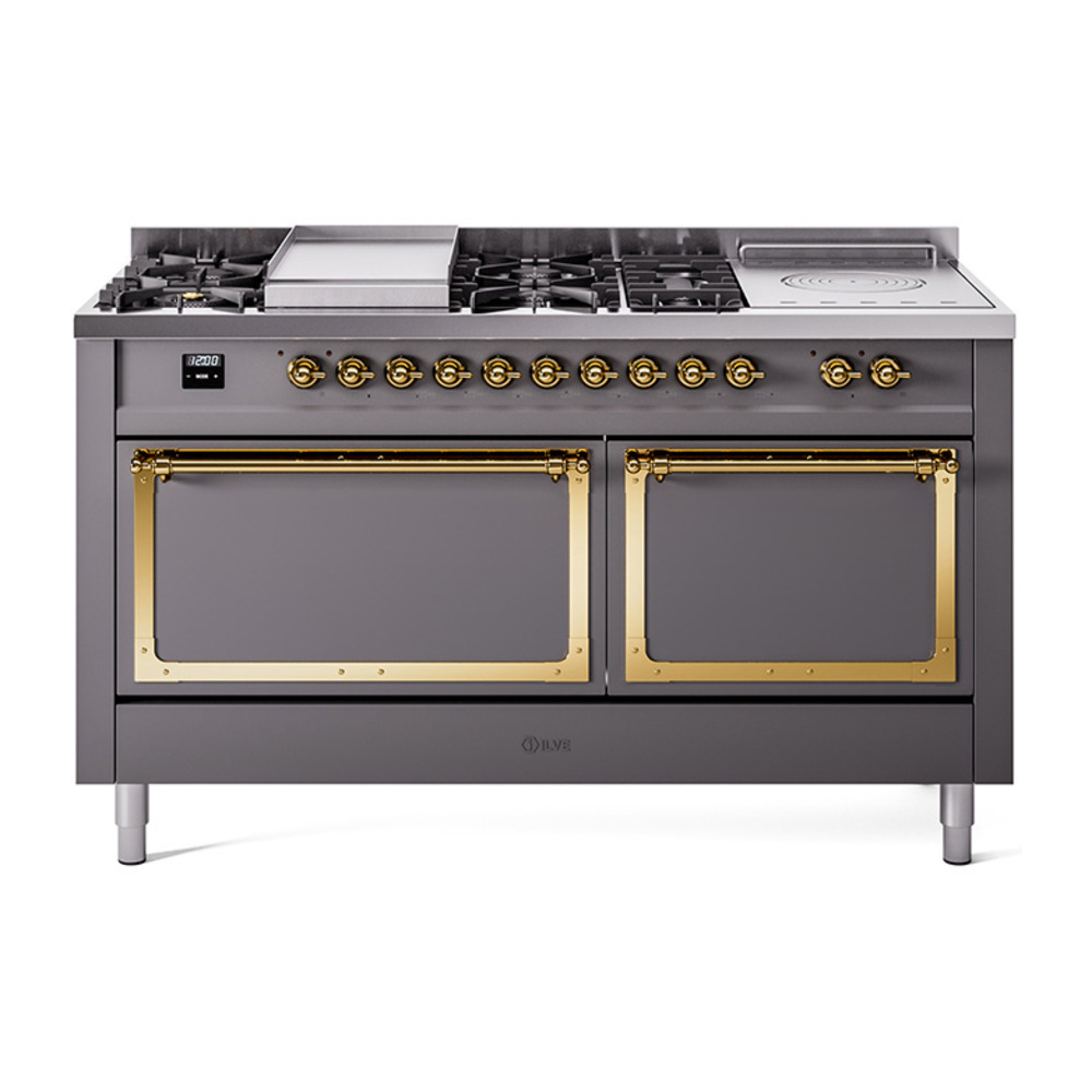 ILVE UN60FSQNMPMGGLP Nostalgie II Noblesse 60" Dual Fuel Range      (7 Sealed Burners + Griddle + French Top, Liquid Propane, Solid Door, Graphite Matte, Brass)