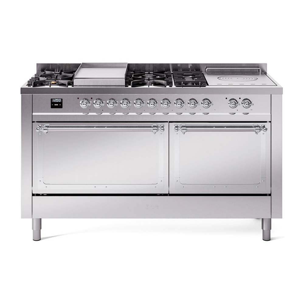 ILVE UN60FSQNMPSSCLP Nostalgie II Noblesse 60" Dual Fuel Range      (7 Sealed Burners + Griddle + French Top, Liquid Propane, Solid Door, Stainless Steel, Chrome)