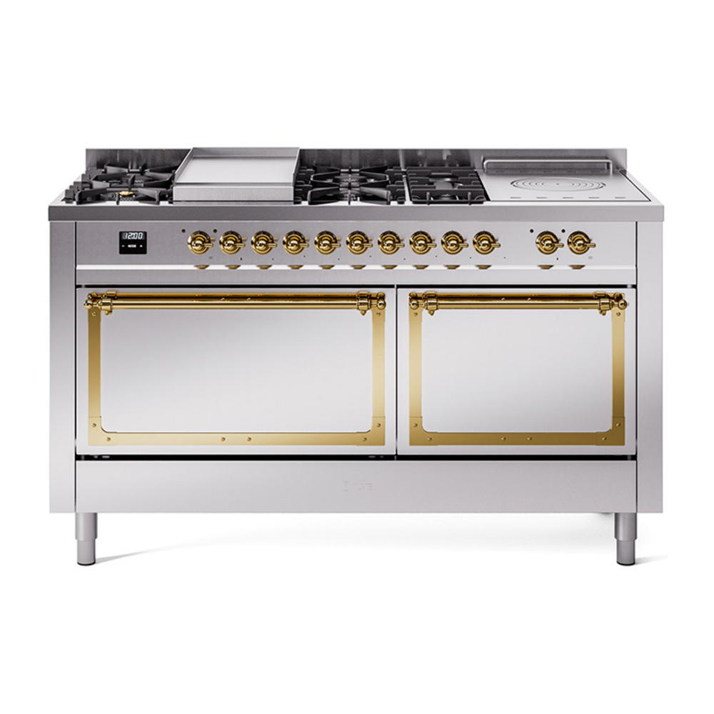 ILVE UN60FSQNMPSSG Nostalgie II Noblesse 60" Dual Fuel Range      (7 Sealed Burners + Griddle + French Top, Natural Gas, Solid Door, Stainless Steel, Brass)