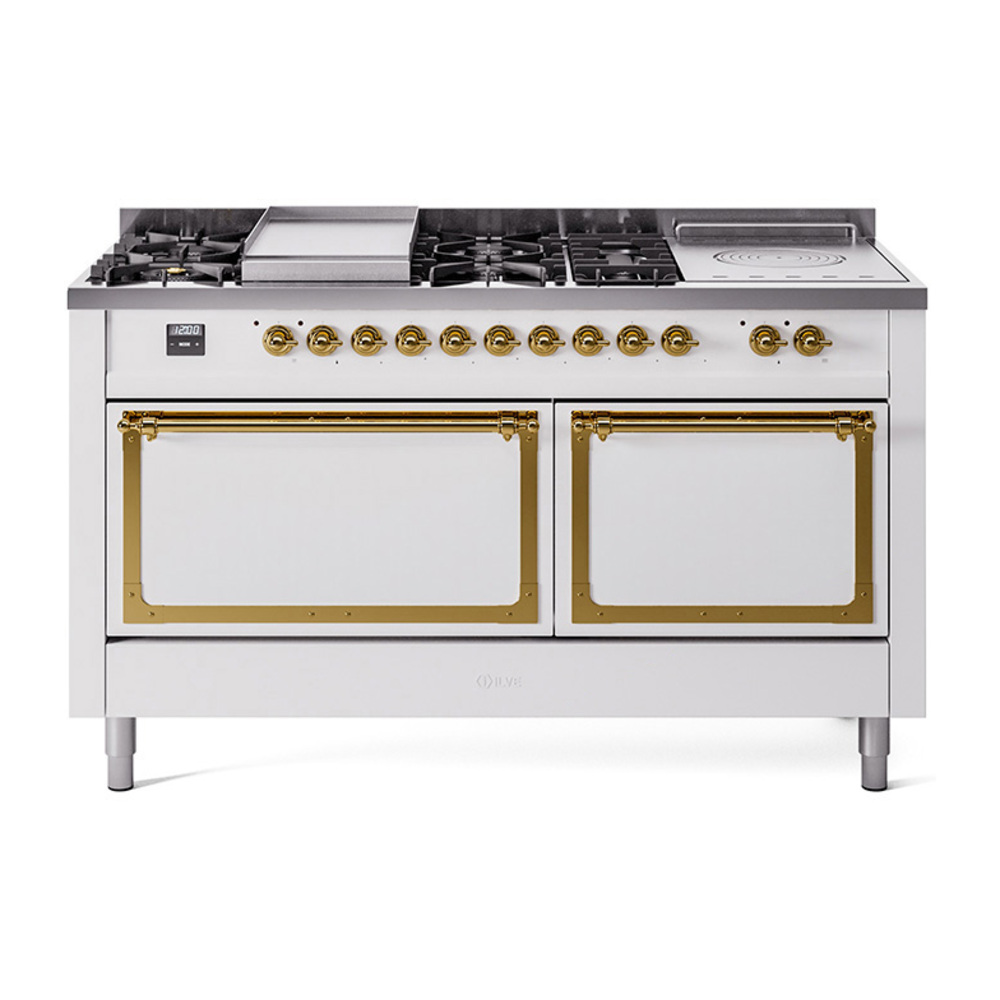 ILVE UN60FSQNMPWHGLP Nostalgie II Noblesse 60" Dual Fuel Range      (7 Sealed Burners + Griddle + French Top, Liquid Propane, Solid Door, White, Brass)