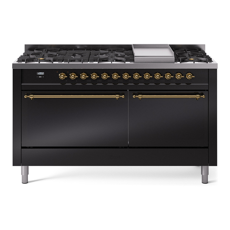 ILVE UP60FQNMPBKGLP Nostalgie II 60" Dual Fuel Range (9 Sealed Burners + Griddle, Liquid Propane, Solid Door, Glossy Black, Brass)