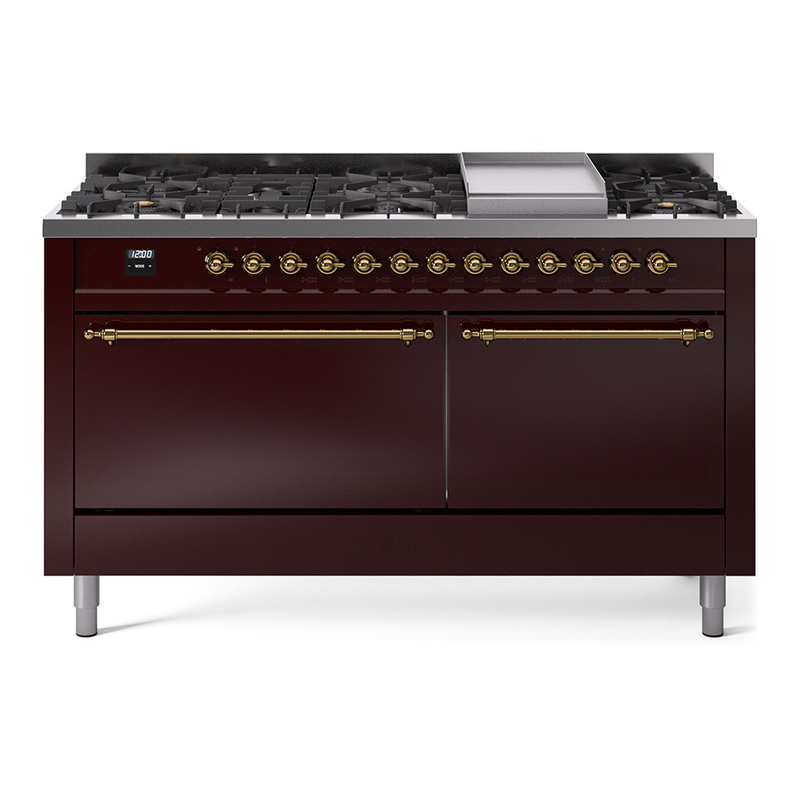 ILVE UP60FQNMPBUGLP Nostalgie II 60" Dual Fuel Range (9 Sealed Burners + Griddle, Liquid Propane, Solid Door, Burgundy, Brass)