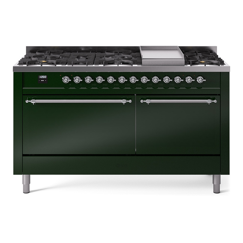 ILVE UP60FQNMPEGCLP Nostalgie II 60" Dual Fuel Range (9 Sealed Burners + Griddle, Liquid Propane, Solid Door, Emerald Green, Chrome)