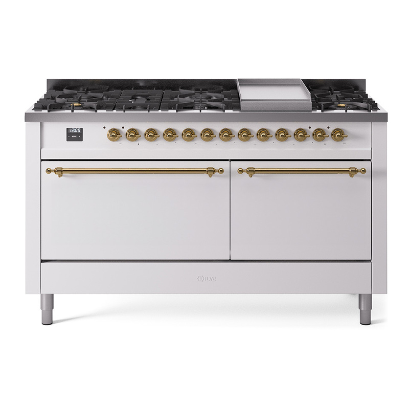 ILVE UP60FQNMPWHGLP Nostalgie II 60" Dual Fuel Range (9 Sealed Burners + Griddle, Liquid Propane, Solid Door, White, Brass)