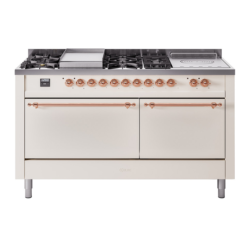 ILVE UP60FSQNMPAWPLP Nostalgie II 60" Dual Fuel Range (7 Sealed Burners + Griddle + French Top, Liquid Propane, Solid Door, Antique White, Copper)