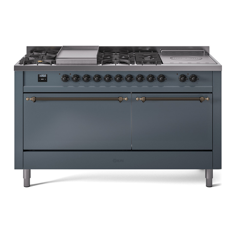 ILVE UP60FSQNMPBGBLP Nostalgie II 60" Dual Fuel Range (7 Sealed Burners + Griddle + French Top, Liquid Propane, Solid Door, Blue Grey, Burnished)