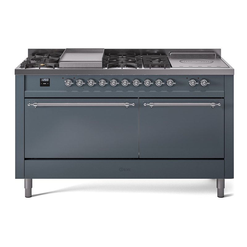 ILVE UP60FSQNMPBGCLP Nostalgie II 60" Dual Fuel Range (7 Sealed Burners + Griddle + French Top, Liquid Propane, Solid Door, Blue Grey, Chrome)