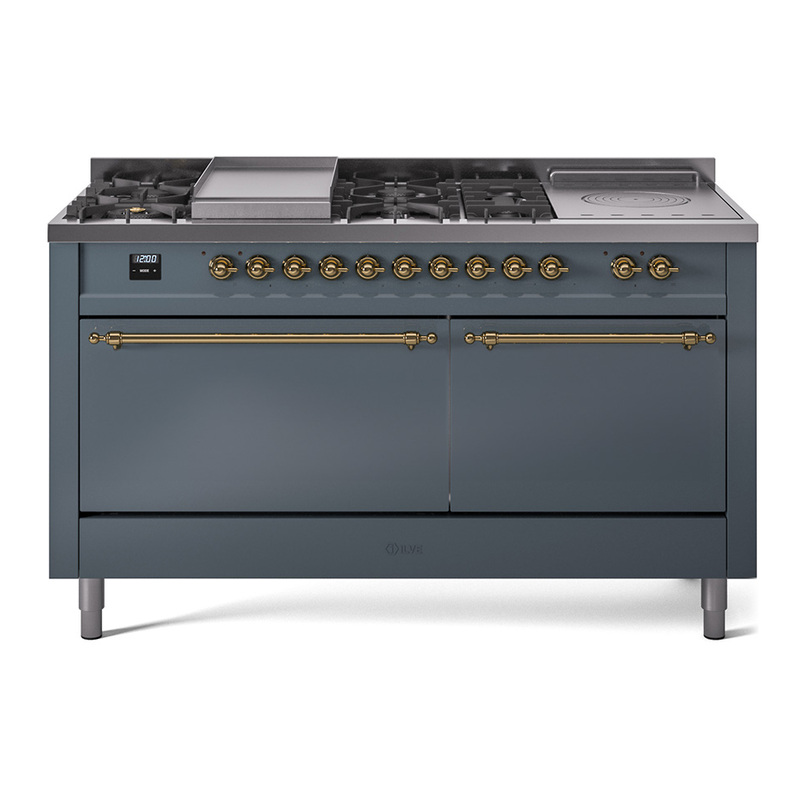 ILVE UP60FSQNMPBGG Nostalgie II 60" Dual Fuel Range (7 Sealed Burners + Griddle + French Top, Natural Gas, Solid Door, Blue Grey, Brass)