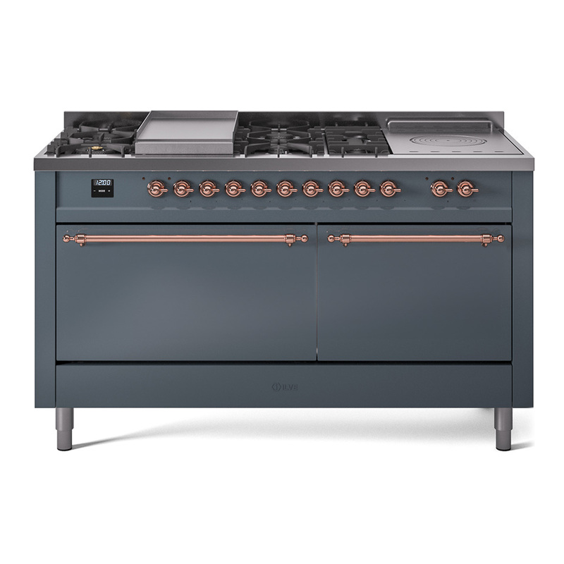 ILVE UP60FSQNMPBGPLP Nostalgie II 60" Dual Fuel Range (7 Sealed Burners + Griddle + French Top, Liquid Propane, Solid Door, Blue Grey, Copper)