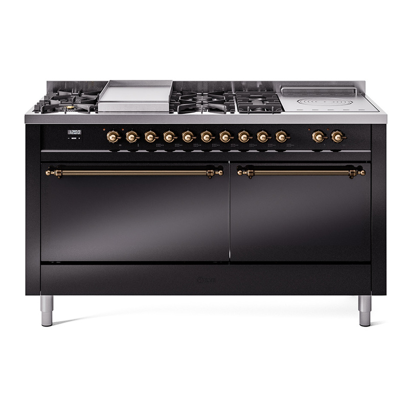 ILVE UP60FSQNMPBKBLP Nostalgie II 60" Dual Fuel Range (7 Sealed Burners + Griddle + French Top, Liquid Propane, Solid Door, Glossy Black, Burnished)