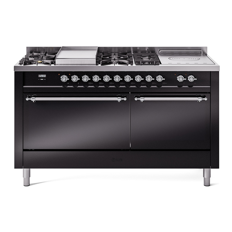 ILVE UP60FSQNMPBKCLP Nostalgie II 60" Dual Fuel Range (7 Sealed Burners + Griddle + French Top, Liquid Propane, Solid Door, Glossy Black, Chrome)