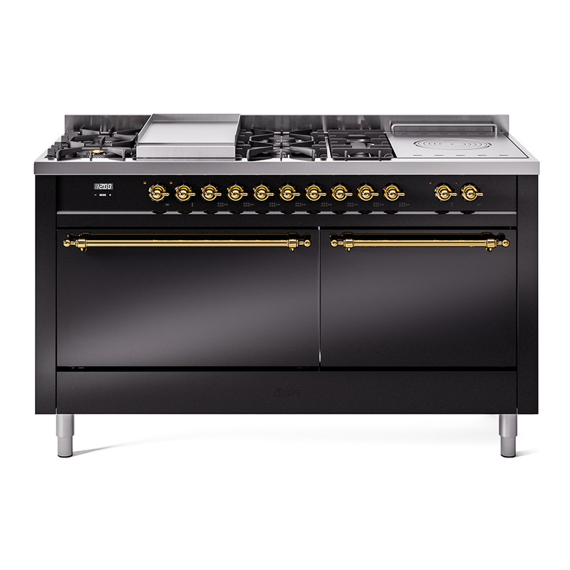 ILVE UP60FSQNMPBKGLP Nostalgie II 60" Dual Fuel Range (7 Sealed Burners + Griddle + French Top, Liquid Propane, Solid Door, Glossy Black, Brass)