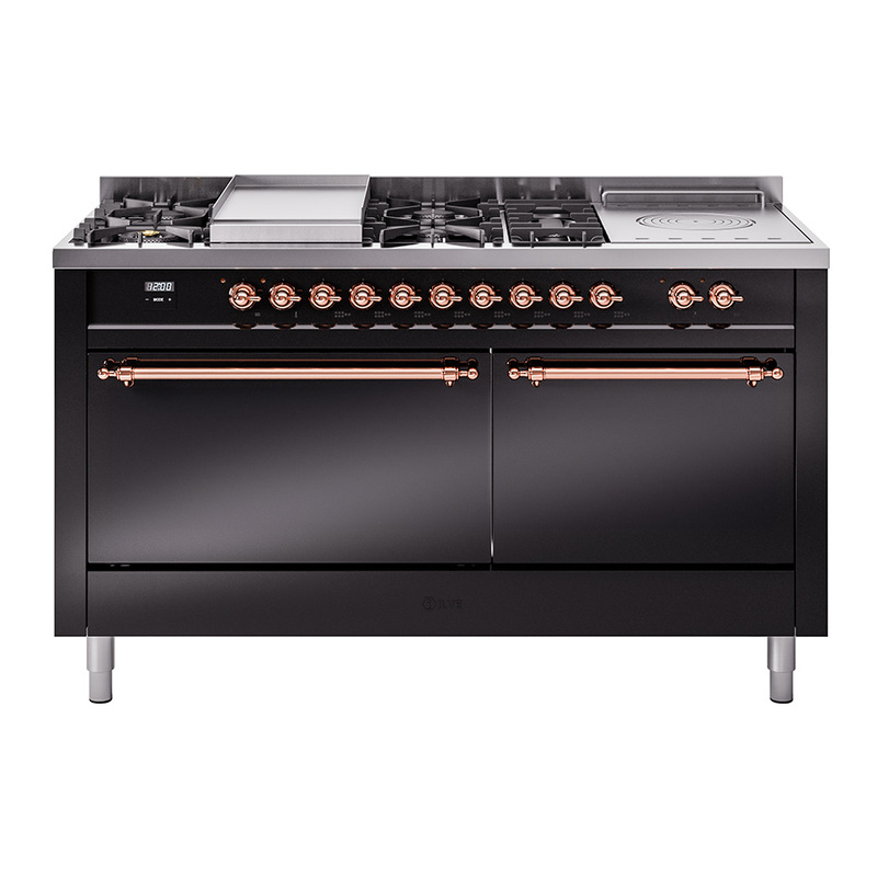 ILVE UP60FSQNMPBKP Nostalgie II 60" Dual Fuel Range (7 Sealed Burners + Griddle + French Top, Natural Gas, Solid Door, Glossy Black, Copper)