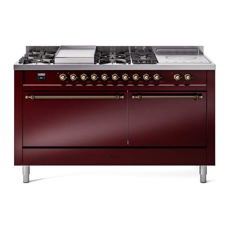 ILVE UP60FSQNMPBUBLP Nostalgie II 60" Dual Fuel Range (7 Sealed Burners + Griddle + French Top, Liquid Propane, Solid Door, Burgundy, Burnished)