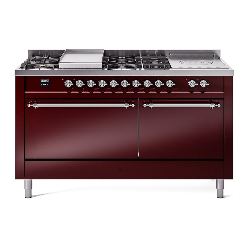 ILVE UP60FSQNMPBUCLP Nostalgie II 60" Dual Fuel Range (7 Sealed Burners + Griddle + French Top, Liquid Propane, Solid Door, Burgundy, Chrome)