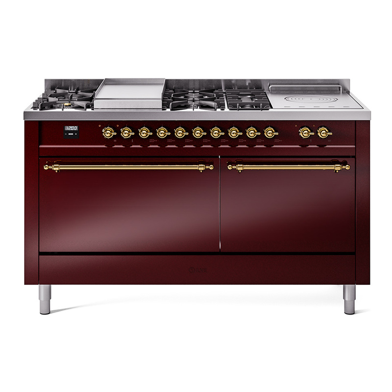 ILVE UP60FSQNMPBUGLP Nostalgie II 60" Dual Fuel Range (7 Sealed Burners + Griddle + French Top, Liquid Propane, Solid Door, Burgundy, Brass)