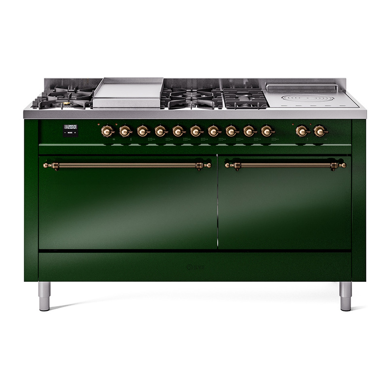 ILVE UP60FSQNMPEGBLP Nostalgie II 60" Dual Fuel Range (7 Sealed Burners + Griddle + French Top, Liquid Propane, Solid Door, Emerald Green, Burnished)