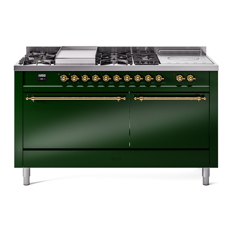 ILVE UP60FSQNMPEGGLP Nostalgie II 60" Dual Fuel Range (7 Sealed Burners + Griddle + French Top, Liquid Propane, Solid Door, Emerald Green, Brass)