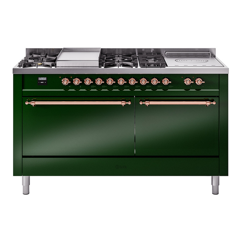 ILVE UP60FSQNMPEGPLP Nostalgie II 60" Dual Fuel Range (7 Sealed Burners + Griddle + French Top, Liquid Propane, Solid Door, Emerald Green, Copper)