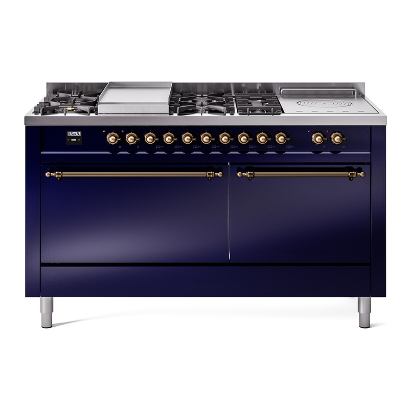 ILVE UP60FSQNMPMBBLP Nostalgie II 60" Dual Fuel Range (7 Sealed Burners + Griddle + French Top, Liquid Propane, Solid Door, Midnight Blue, Burnished)