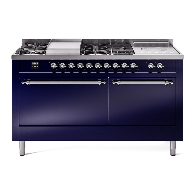 ILVE UP60FSQNMPMBCLP Nostalgie II 60" Dual Fuel Range (7 Sealed Burners + Griddle + French Top, Liquid Propane, Solid Door, Midnight Blue, Chrome)