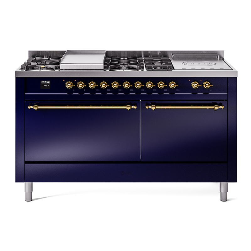 ILVE UP60FSQNMPMBGLP Nostalgie II 60" Dual Fuel Range (7 Sealed Burners + Griddle + French Top, Liquid Propane, Solid Door, Midnight Blue, Brass)