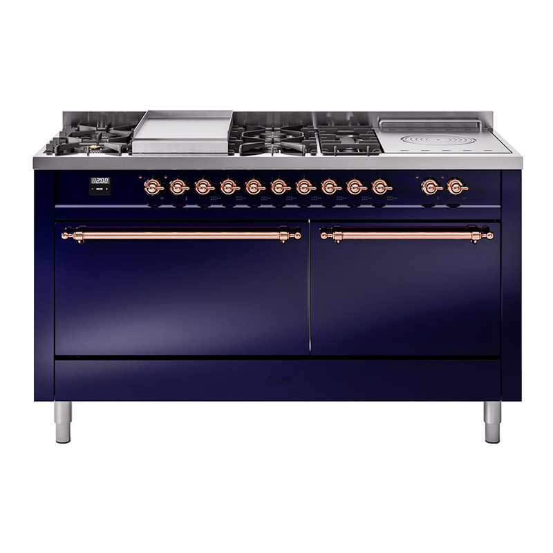 ILVE UP60FSQNMPMBPLP Nostalgie II 60" Dual Fuel Range (7 Sealed Burners + Griddle + French Top, Liquid Propane, Solid Door, Midnight Blue, Copper)