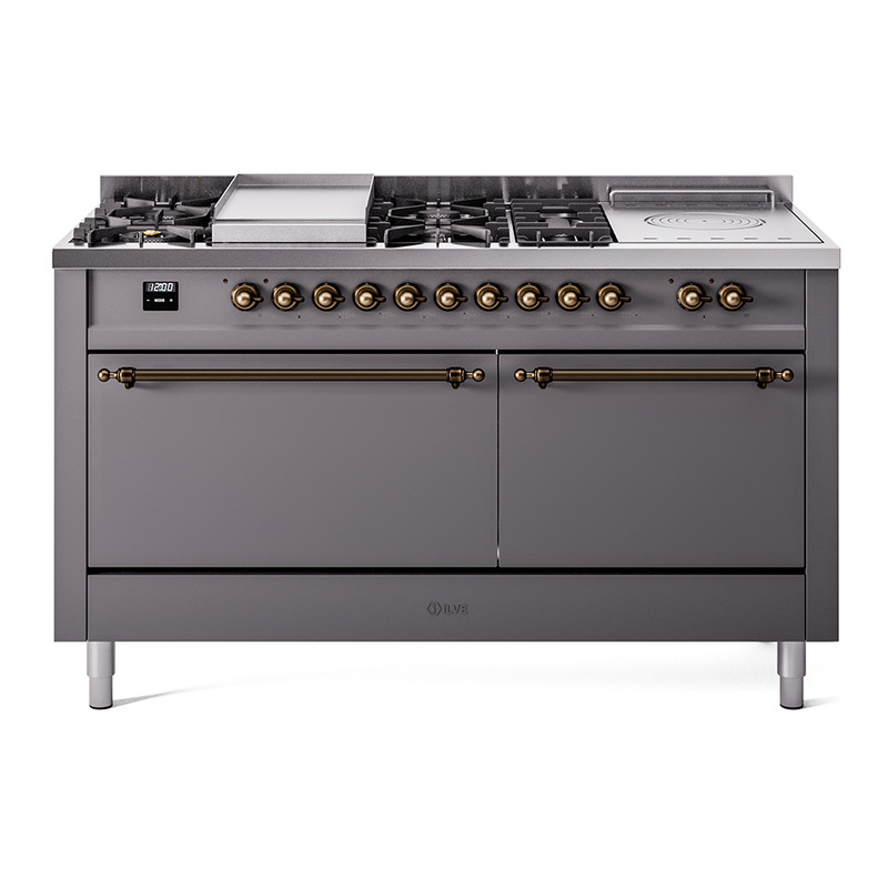 ILVE UP60FSQNMPMGBLP Nostalgie II 60" Dual Fuel Range (7 Sealed Burners + Griddle + French Top, Liquid Propane, Solid Door, Graphite Matte, Burnished)